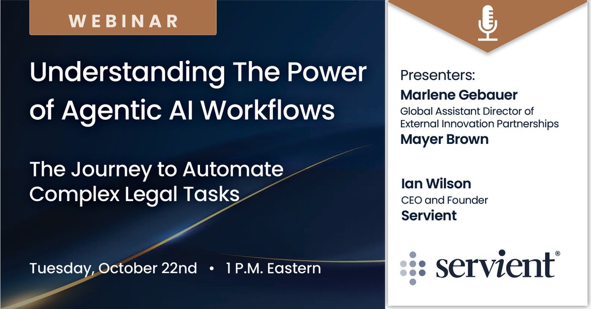 Agentic Workflows are changing how AI handles complex legal tasks. Join Marlene Gebauer &amp; Ian Wilson on Oct 22 to explore their impact and practical examples. Register now! bit.ly/4eE2XQO