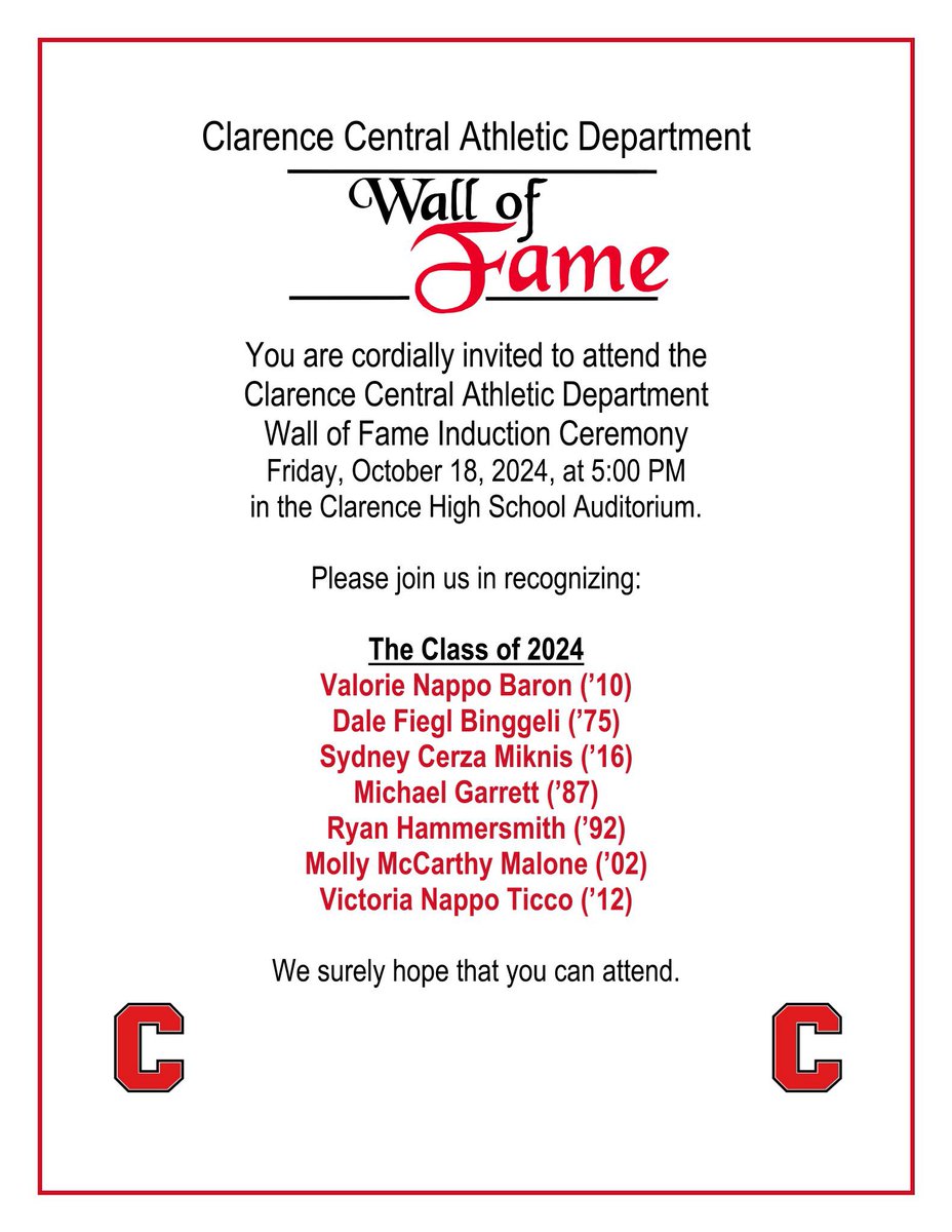 Clarence Athletic Wall of Fame Class of 2024 #ClarenceProud <a href="/ClarenceCsd/">Clarence Central School District</a> <a href="/ClarAthletics/">Clarence PE, Health & Athletics</a> <a href="/CHS_Devils/">CHS Red Devils</a> <a href="/ClarenceMiddle/">ClarenceMiddleSchool</a> <a href="/ClarCtrElem/">Clarence Center Elementary School</a> <a href="/HarrisHillES/">Harris Hill Elementary School Heroes</a> <a href="/goledgeview/">Ledgeview Elementary</a> <a href="/SheridanHillSh1/">SheridanHillSharks</a> <a href="/TheClarenceBee/">The Clarence Bee</a> <a href="/CVH_Central/">Clarence Fed Hockey</a> @REDDEVILSVFB <a href="/ClarHSsoftball/">Clarence HS Softball</a> <a href="/ClarWrestling/">Clarence Wrestling</a> @REDDEVILSVFB <a href="/CoachBooker12/">ClarenceGirlsVarsityBasketball</a>