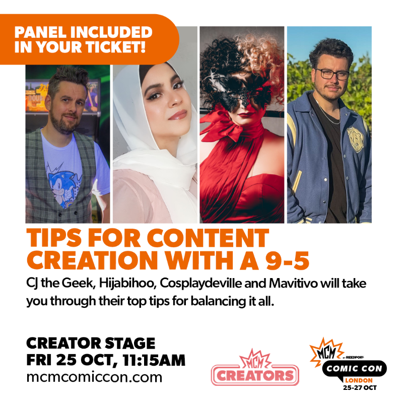 MCMComicCon's tweet photo. Wondering how to break into or grow your career as a content creator? 🤔

These MCM x EGX creators will give you tips for creating content with a 9-5, getting invited to movie premieres, or how to master short form video.

Included in Priority tickets.