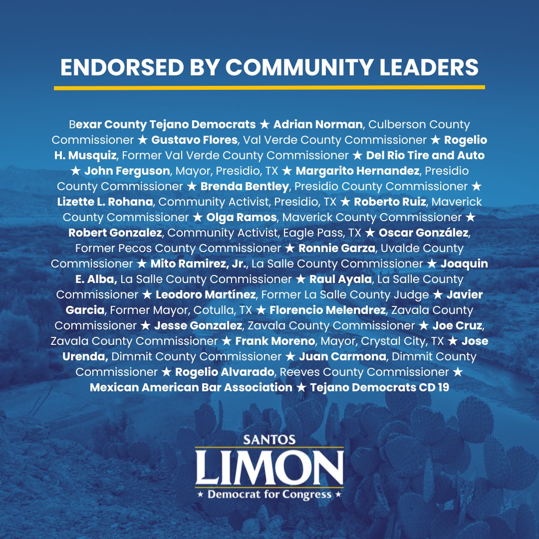 SantosLimonTX's tweet photo. I'm honored to receive the endorsements from community leaders and small businesses of Texas 23rd district.

Growing up in this region has instilled in me a deep sense of responsibility and a belief in the potential of West Texas. Join me in shaping the greatness that lies ahead! https://t.co/r05ZWRVDbp