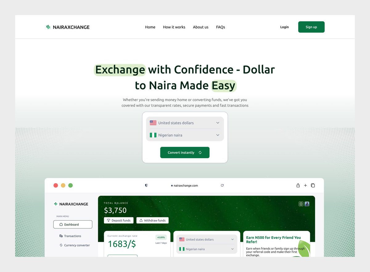 EdebeatuEkene's tweet image. Design concept for NairaXchange.

The easiest way to convert your dollar to naira and vice versa 🚀

#DollarToNaira #Naira #FinanceDesign