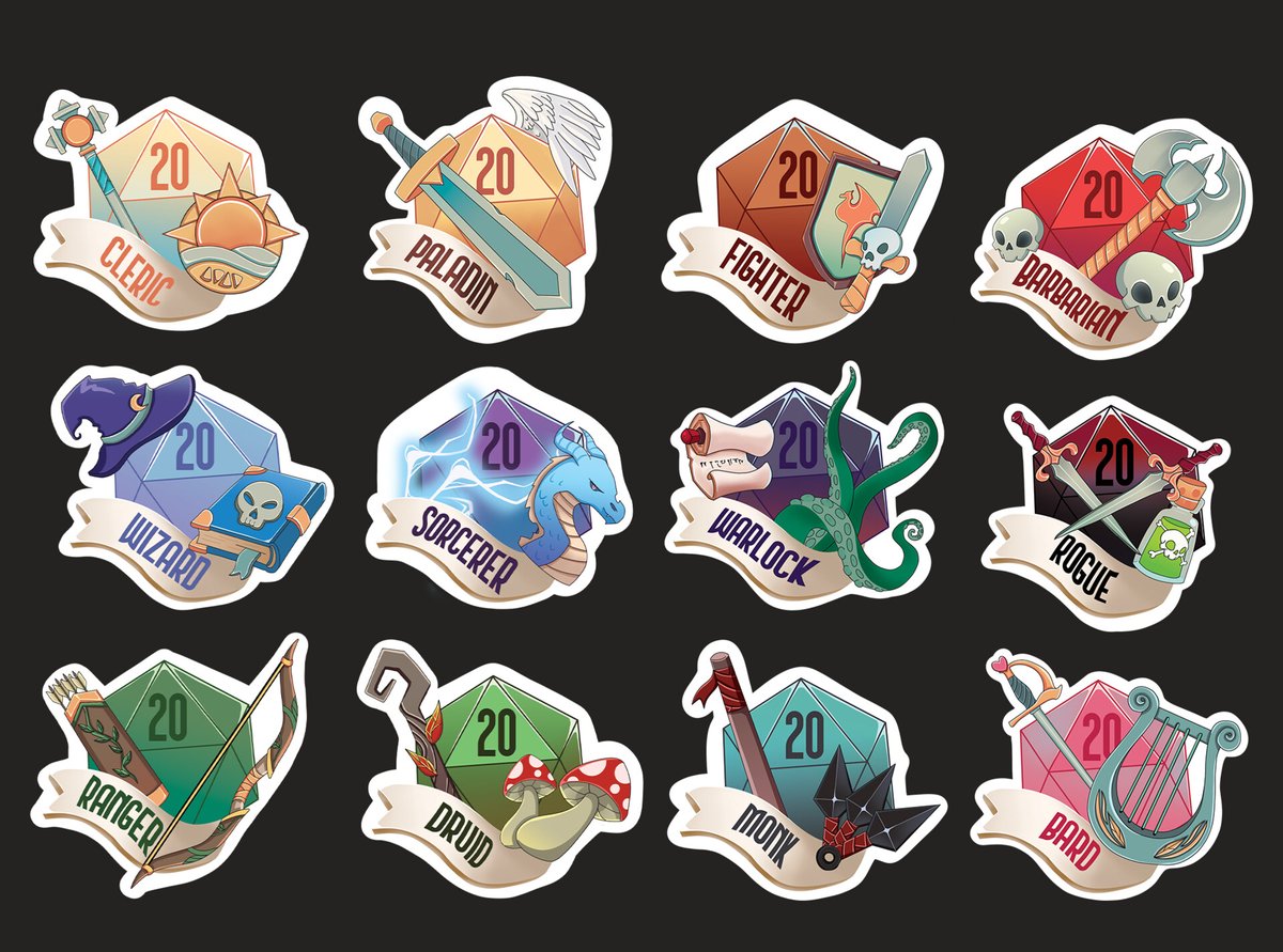 I drew stickers for Dungeons and Dragons classes as a commission job. It didn't take up too much of my time, and I had a lot of fun creating them.