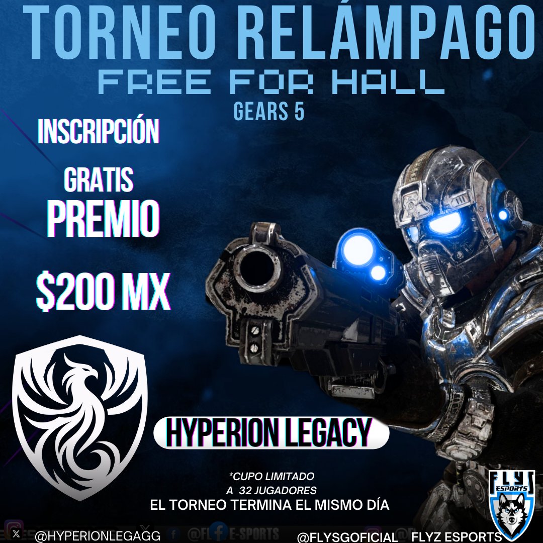 Flyz Esports Oficial🐺🇲🇽 (@flysgoficial) on Twitter photo ❗ Inscripciónes abiertas❗
Hyperion relámpago ⚡
Mandar dm para +info e inscripciones
Inscripción gratis
Rt + ❤️
Torneo relámpago ⚡
Modo de juego FFA
Gears 5
Cupo 32 jugadores
4 grupos
El torneo acaba el mismo día
Gana $200 en menos de una hora j
Sponsor: <a href="/HyperionlegaGG/">Hyperion Legacy 🐦🔥</a> ❗ Inscripciónes abiertas❗
Hyperion relámpago ⚡
Mandar dm para +info e inscripciones
Inscripción gratis
Rt + ❤️
Torneo relámpago ⚡
Modo de juego FFA
Gears 5
Cupo 32 jugadores
4 grupos
El torneo acaba el mismo día
Gana $200 en menos de una hora j
Sponsor: <a href="/HyperionlegaGG/">Hyperion Legacy 🐦🔥</a>
