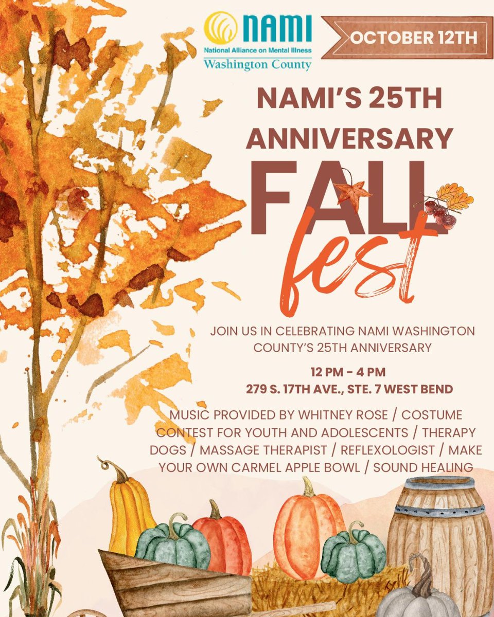 Join NAMI for their 25th Anniversary celebration this Saturday, Oct. 12 from 12-4 p.m. Enjoy live music, a costume contest, therapy dogs, massage therapy, reflexology, and a build-you-own caramel apple bowl.