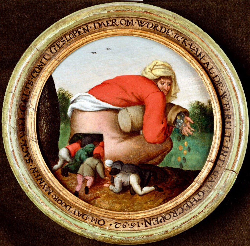 Flatterers up the *ss of the rich man. Some things never change! Here in 1592 by Pieter Brueghel the Younger, whose day is today