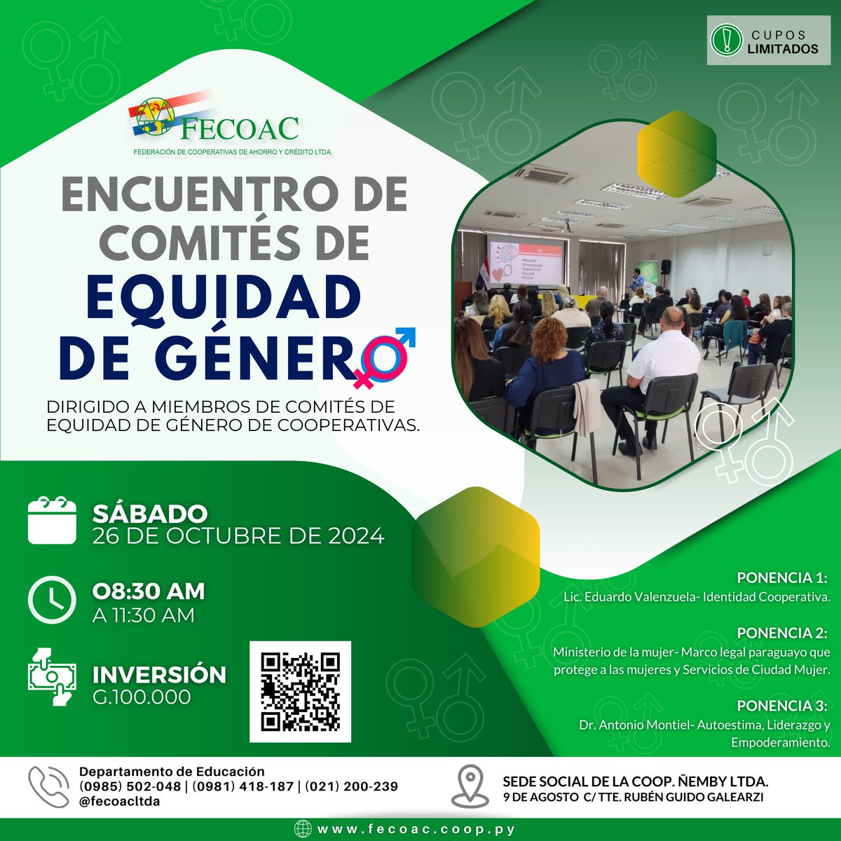 fecoacpy's tweet image. La FECOAC Ltda. tiene el agrado de invitar al Encuentro de Comités de Equidad de Género, que se llevará a cabo el sábado 26 de octubre de 2024, a partir de las 08:30 hs.

Inscripciones disponibles a través del link y código QR: forms.gle/5EHbbBKJetGuS8…
#fecoacpy