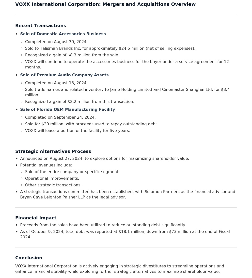 $VOXX: VOXX International Corporation: Mergers and Acquisitions Overview