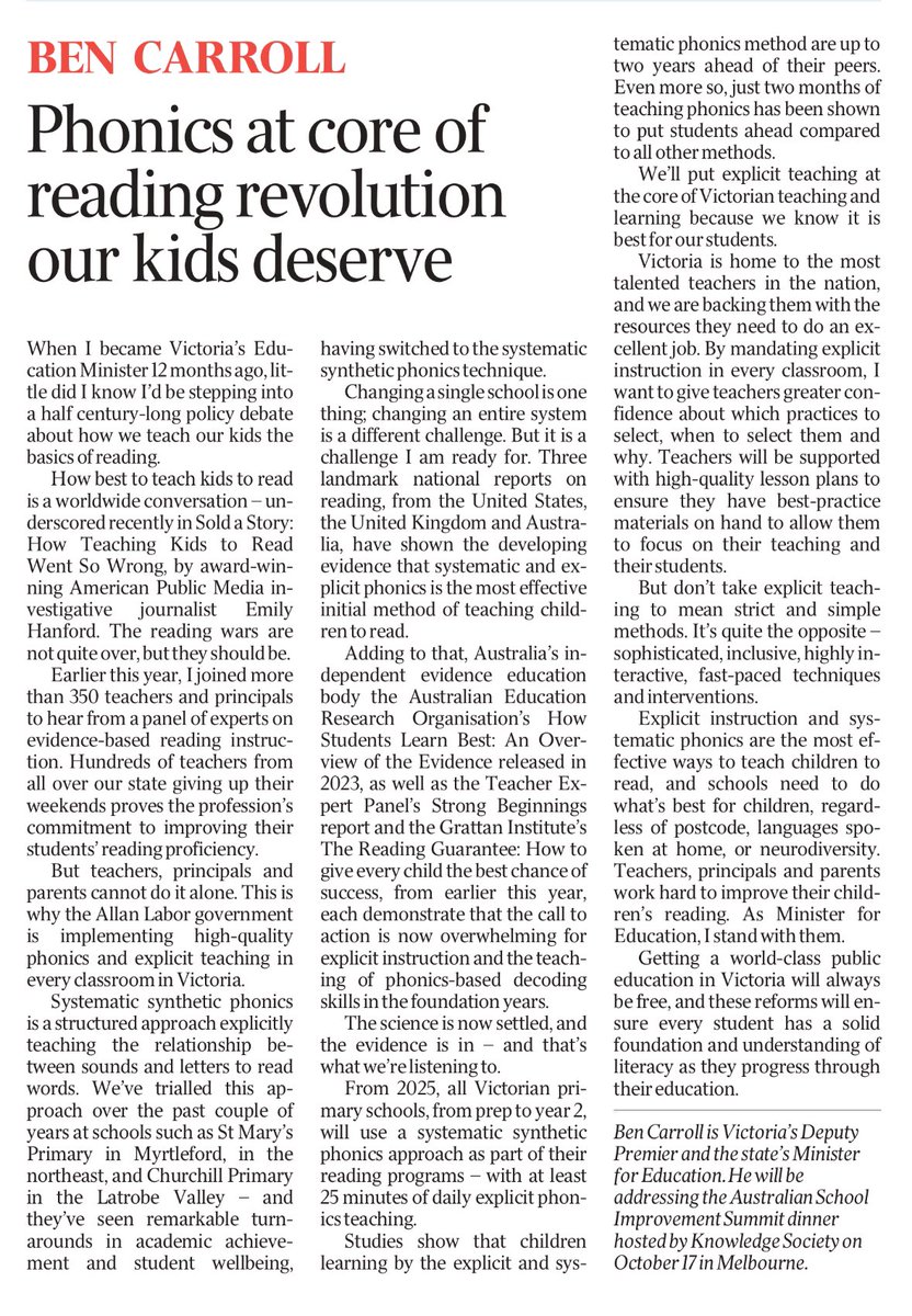 Ben Carroll (@bencarrollmp) on Twitter photo When I became Education Minister 12 months ago, little did I know I’d be stepping into a half-century-long policy debate about how we teach our kids the basics of reading.
The reading wars are not quite over, but they should be.
My op-ed in today’s <a href="/australian/">The Australian</a>.
#SpringSt When I became Education Minister 12 months ago, little did I know I’d be stepping into a half-century-long policy debate about how we teach our kids the basics of reading.
The reading wars are not quite over, but they should be.
My op-ed in today’s <a href="/australian/">The Australian</a>.
#SpringSt