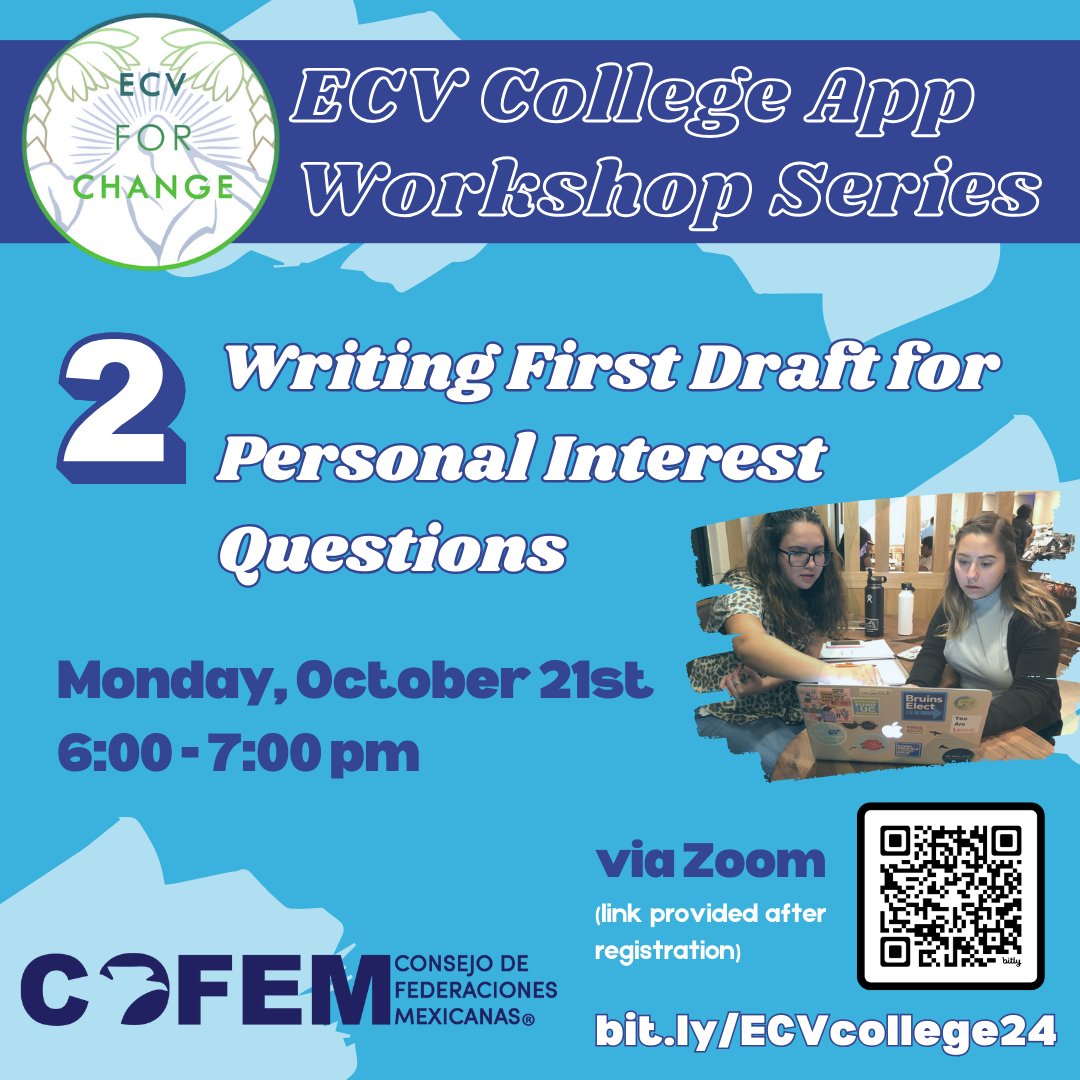 ecv4change's tweet photo. Our 2nd workshop will teach students how to craft strong and compelling personal statements for their #collegeapps! 🎓

High school seniors, don't miss out! #CollegeApplicationWorkshopSeries

via Zoom 💻
Monday, Oct 21st at 6pm

Register: https://t.co/dcqr3sz2hn https://t.co/S4tgOrET37
