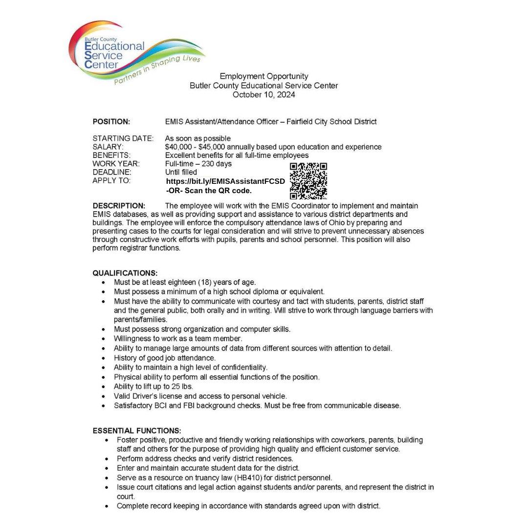 FCSDNews's tweet photo. We're hiring! Join our registration office to become the next EMIS Assistant/Attendance Officer! See details below. To apply please visit https://t.co/kXVr4jsZQn or scan the QR code in the job description! https://t.co/ryiREvZcDG