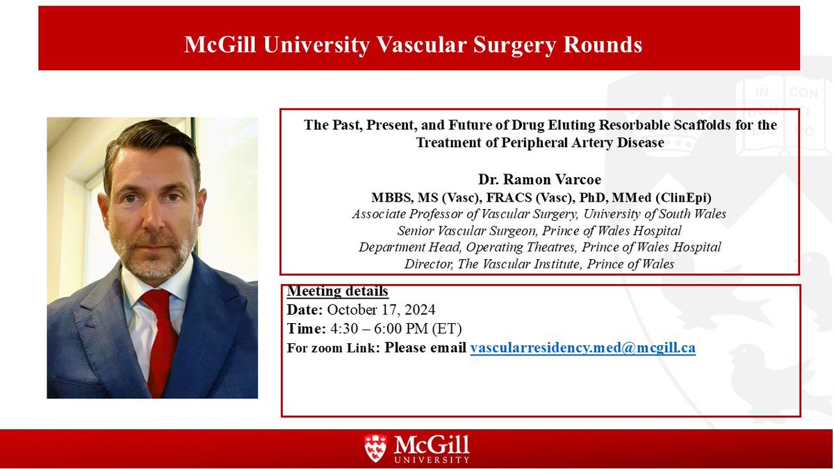 McGill Vascular (@mcgillvascular) on Twitter photo We are happy to invite you to our invited speaker rounds October 17 4:30-6:00 EST. Dr. Ramon Varcoe will speak about drug eluting resorbable scaffolds in PAD. Please email vascularresidency.med@mcgill.ca for the link. We are happy to invite you to our invited speaker rounds October 17 4:30-6:00 EST. Dr. Ramon Varcoe will speak about drug eluting resorbable scaffolds in PAD. Please email vascularresidency.med@mcgill.ca for the link.
