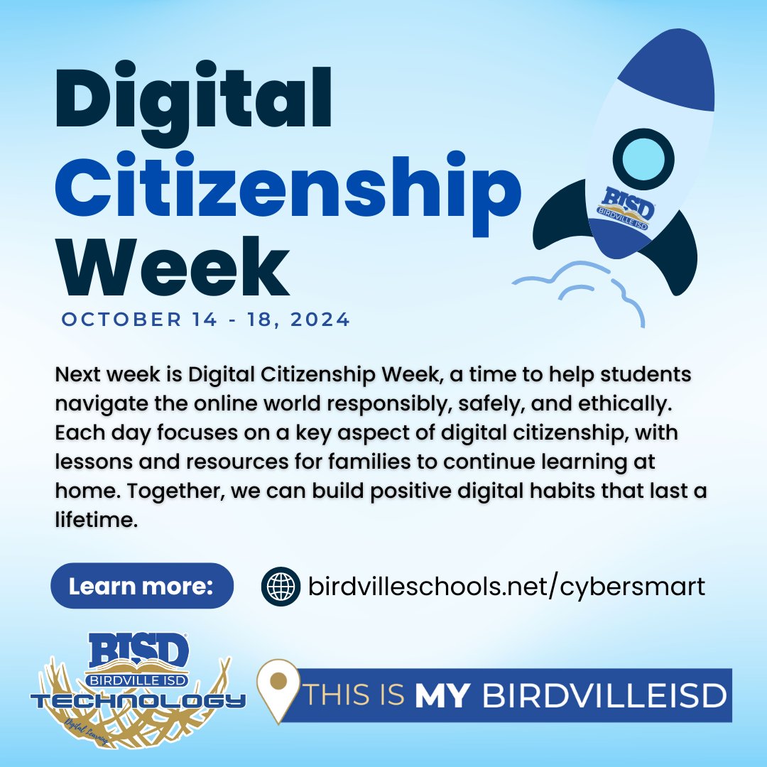 🌐 Next week is Digital Citizenship Week! Join us in helping students build safe, responsible online habits with family resources each day! 📱💻 birdvilleschools.net/cybersmart