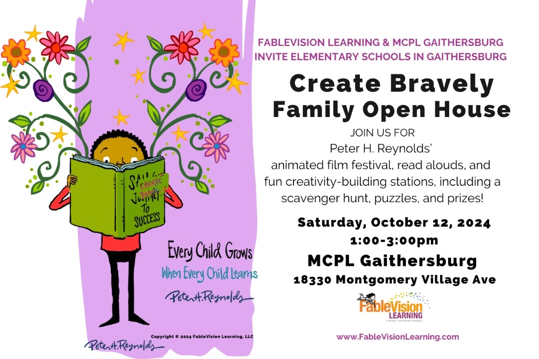 Cre8tiveLib's tweet image. We are so excited to #createbravely with Gaithersburg area families at our Create Bravely Family Open House event with @FableVision 
@FableLearn at @MCPL_Libraries Gaithersburg Branch, Saturday, October 12th, 1-3pm. Hope to see you there!