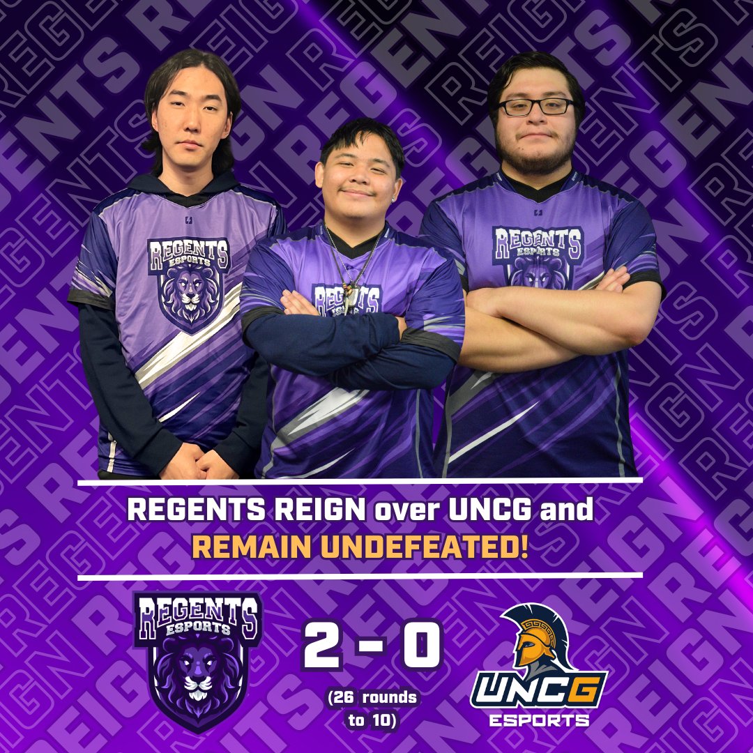 UPDATE ⚠️: Rockford University faced off against the University of North Carolina Greensboro in VALORANT last night. 

⚔️Both teams went into the match undefeated, but only 1 came out maintaining their flawless record...

🦁 Regents Reign!!! 🦁

We are proud to report that
