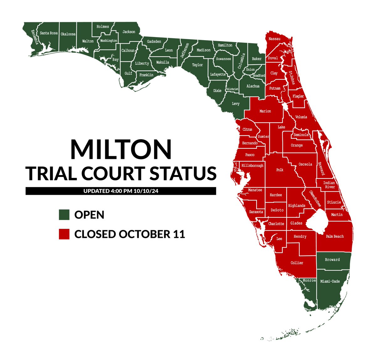 State courts in 35 counties are closed Friday. The map reflects Friday closures; details are in a chart on the website. Status for next week will be updated by Sunday evening. Local websites and social media have the latest. ow.ly/8WzB50TyP2V