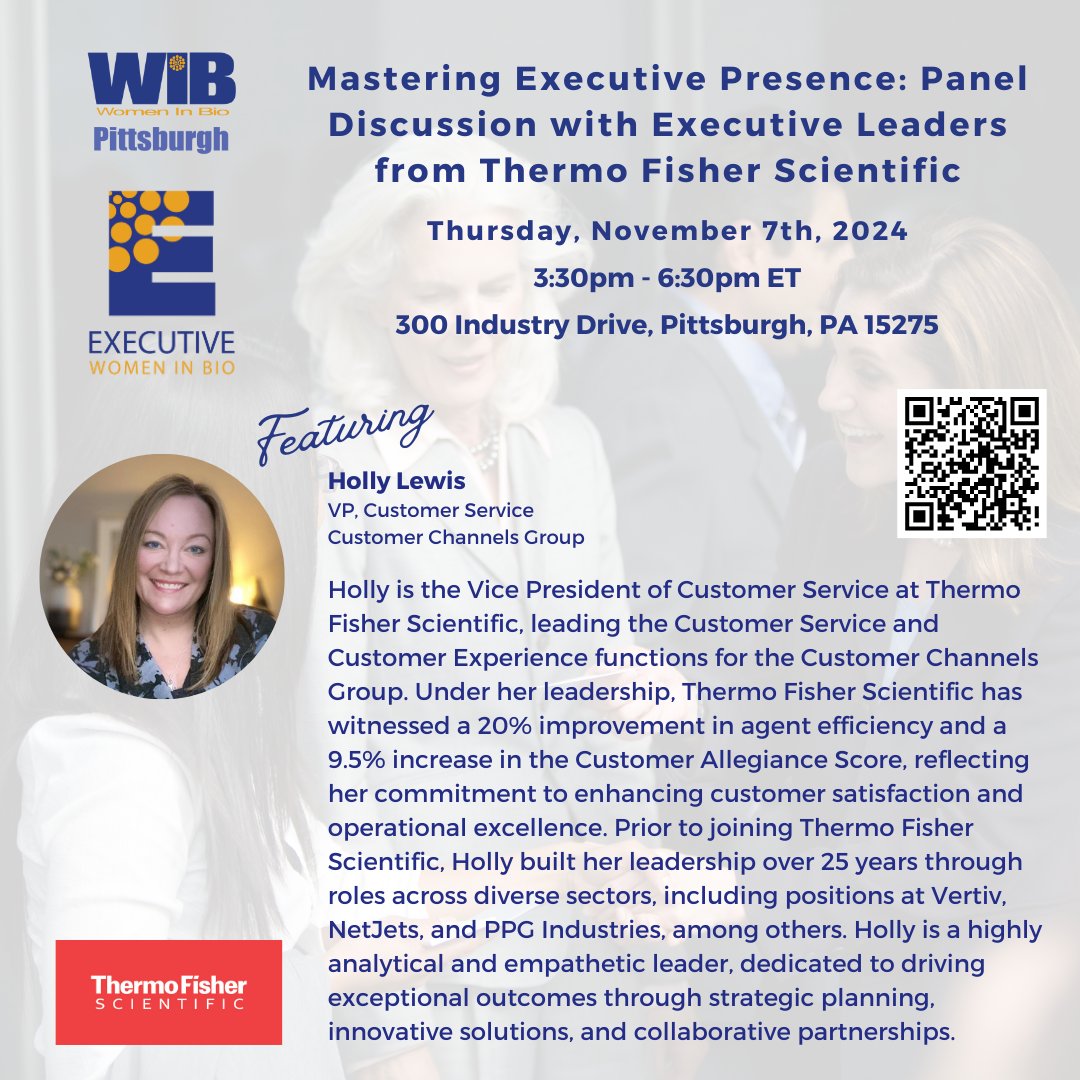 In the next few posts, we will introduce our panelists for our upcoming event about mastering executive presence.

Our first panelist is Holly Lewis, VP of customer service at Thermo Fisher Scientific!

To learn more about Holly and the event, click here: community.womeninbio.org/event/pitt-ewi…