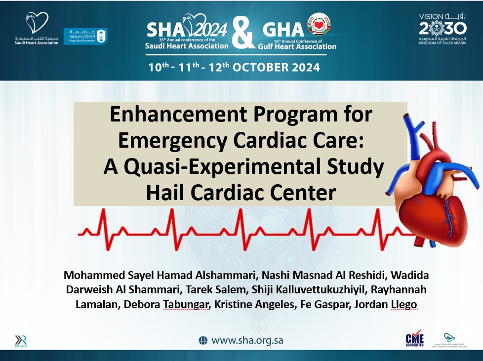 بفضل الله شاركت في فعاليات المؤتمر السنوي لجمعية القلب السعودية SHA2024.
عرضت نيابةً عن زملائي بمركز قلب حائل ورقة بحثية عن ورشة عمل تمت بتجمع حائل الصحي للإرتقاء بمستوى تمريض طوارئ القلب.
أتقدم بالشكر للجنة المنظمة للدعوة الكريمة.
الخميس ١٠ أكتوبر ٢٠٢٤م.
فندق كراون بلازا الرياض.