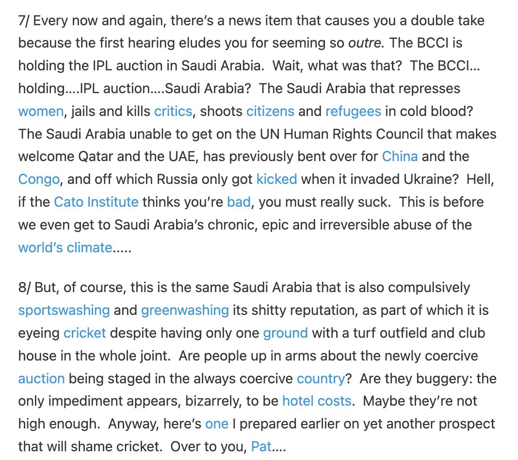 collinsadam's tweet image. We price this shit in now, which is an aim of sportswashing I suppose, but still. Gideon on the IPL auction being held in... Saudi Arabia. Hey ho.

cricketetal.com/p/10-things-23…