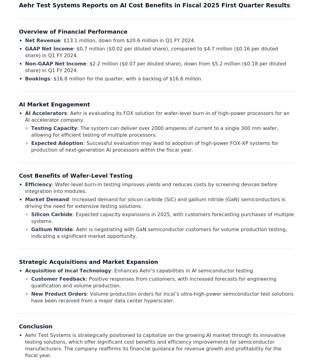 $AEHR: Aehr Test Systems Reports on AI Cost Benefits in Fiscal 2025 First Quarter Results