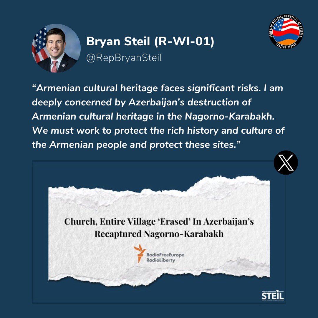 Thank you, <a href="/RepBryanSteil/">Bryan Steil</a>, for highlighting Azerbaijan’s destruction of cultural heritage sights in Artsakh. The U.S. must hold Azerbaijan accountable for the Artsakh Genocide.