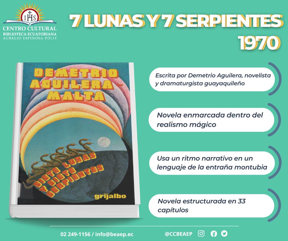#BaúlLiterario | Hoy te recomendamos la famosa obra literaria #Sietelunasysieteserpientes novela ecuatoriana que entra definitivamente en el contexto de la nueva novela latinoamericana por el gran manejo técnico del asunto novelesco, por la amalgama de lo mítico y lo real.