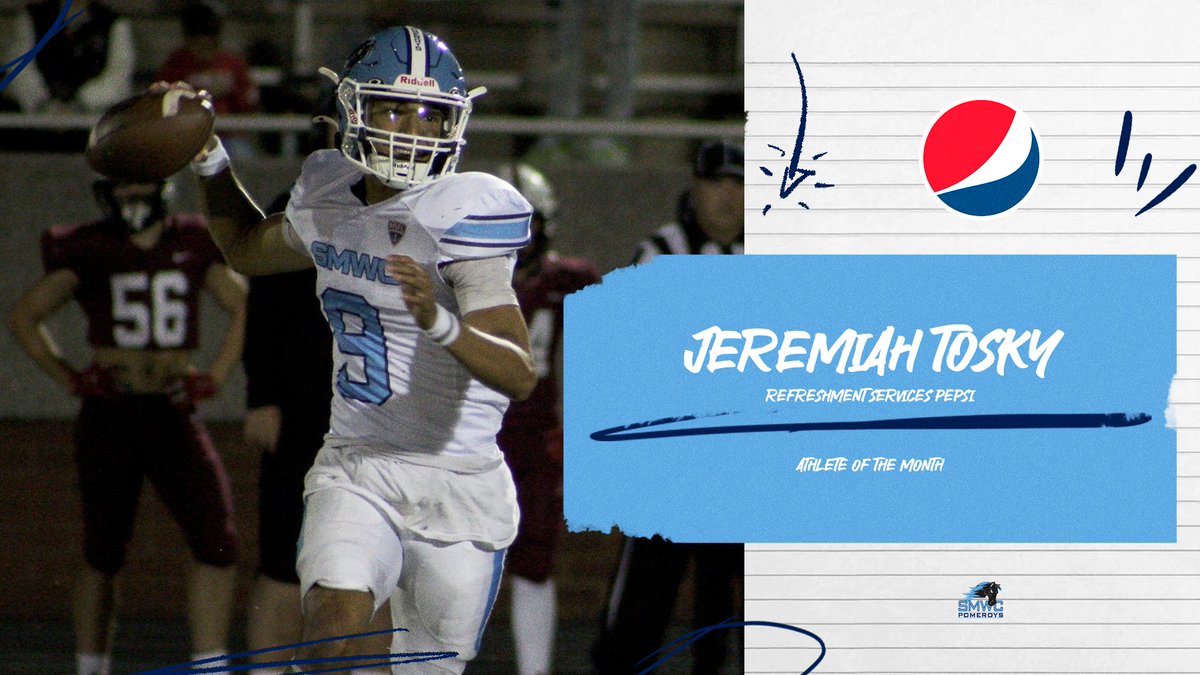 Congrats to Jeremiah Tosky who has been named the Refreshment Services Pepsi Athlete of the Month for September! Tosky led sprint football to wins in September, highlighted by 358 passing yards and 5 touchdowns in a win over Quincy.