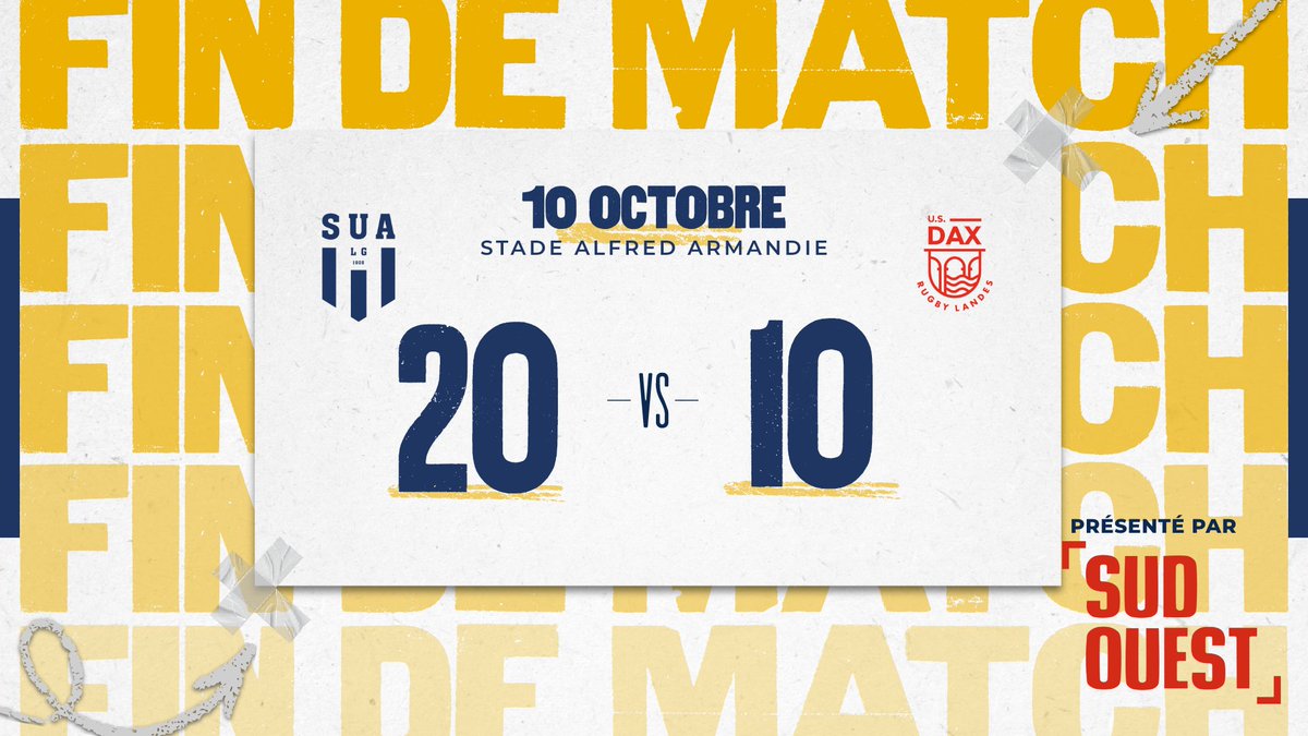 Agen Rugby - SUA LG (@agen_rugby) on Twitter photo C’EST TERMINÉ ! ✅
Agen l’emporte devant son public à Armandie face à Dax, grâce à deux essais de Ramoka et Bellot 💥
Félicitations Messieurs 💪 C’EST TERMINÉ ! ✅
Agen l’emporte devant son public à Armandie face à Dax, grâce à deux essais de Ramoka et Bellot 💥
Félicitations Messieurs 💪