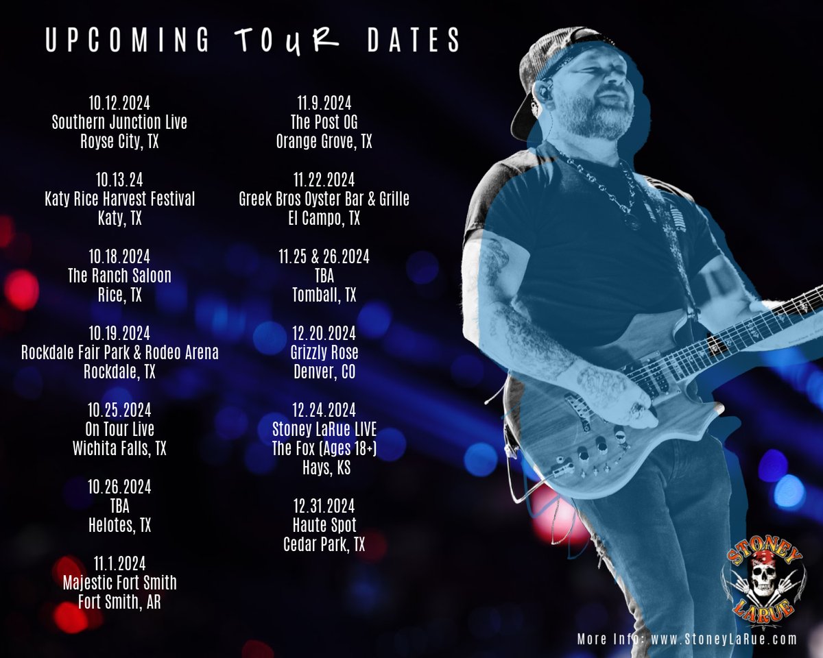 stoneylarue's tweet photo. Upcoming Stoney LaRue Tour Dates:
Don't see a tour date in your area? Scroll down on THIS page and REQUEST A SHOW location!
https://t.co/S4vKBIDGiH
We will see you there!
#stoneylaruetour2024 #doublelive25 https://t.co/DMbwtMEN49