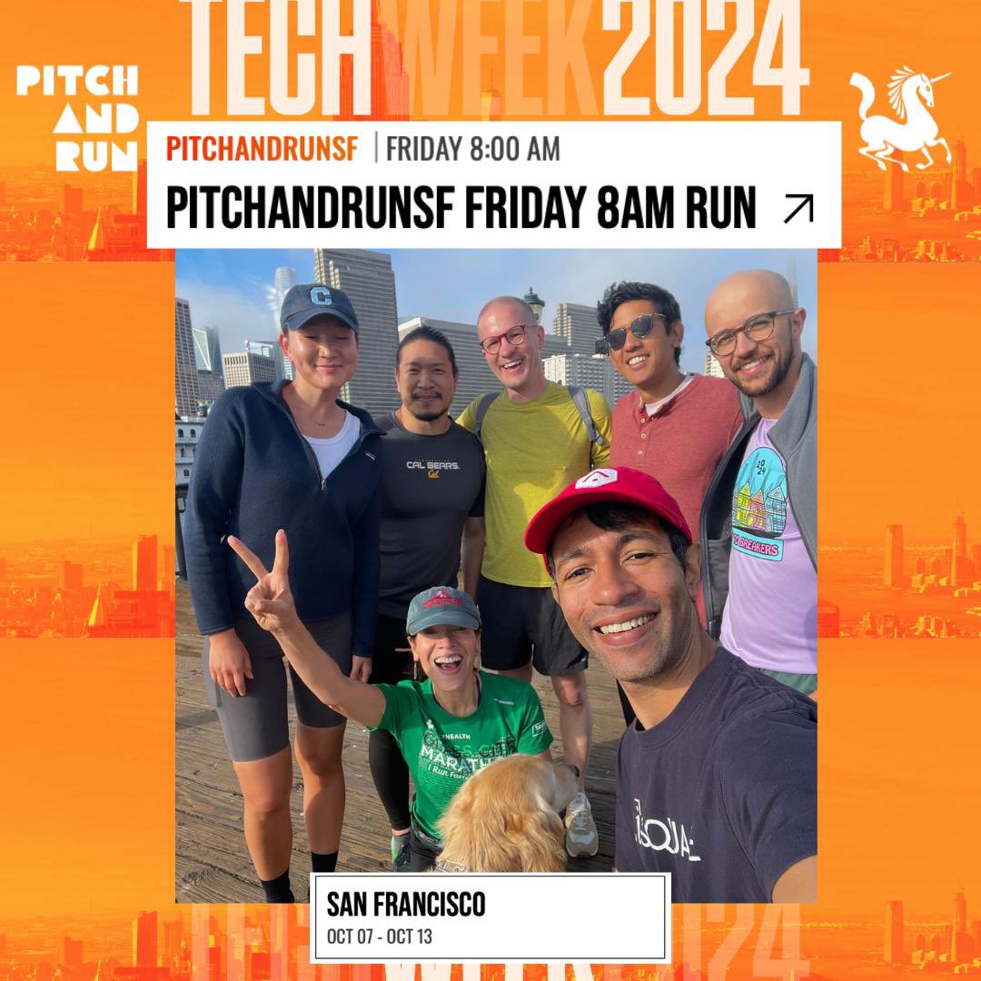 🥳 We’re an official event of <a href="/Techweek_/">Tech Week</a> SF
🗓️ Join us Friday 10/11 at 8a
📍Ferry Building Market St.
All paces &amp; faces welcomed for an easy 5 miles along the Embarcadero 🏃🏻🏃🏿‍♀️💨📈
☕️ networking &amp; cafecito
RSVP: lu.ma/r2nb1aa7
X: @pitchandrunsf #pitchandrunsf #sftechweek