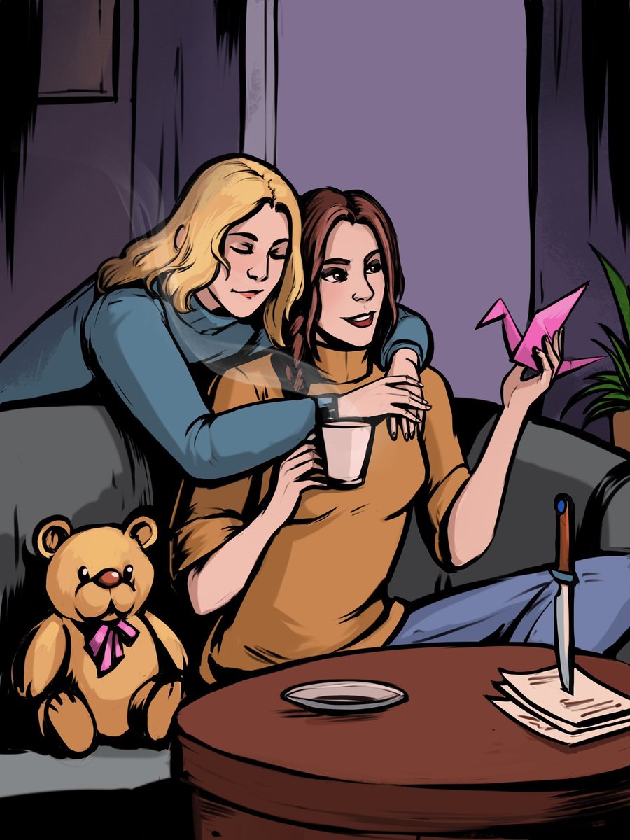 Varrishan's tweet image. #MonthOfDarkness Day 9: Favorite WOD relationship!

I have a soft spot for my tough Banu Haqim&apos;s Vanessa&apos;s relationship with her soft Gangrel girlfriend Audra. Slow burn, filled with challenges and so compelling to explore.

First artwork by Indigo Jenar; second by @Dym_Drimluga