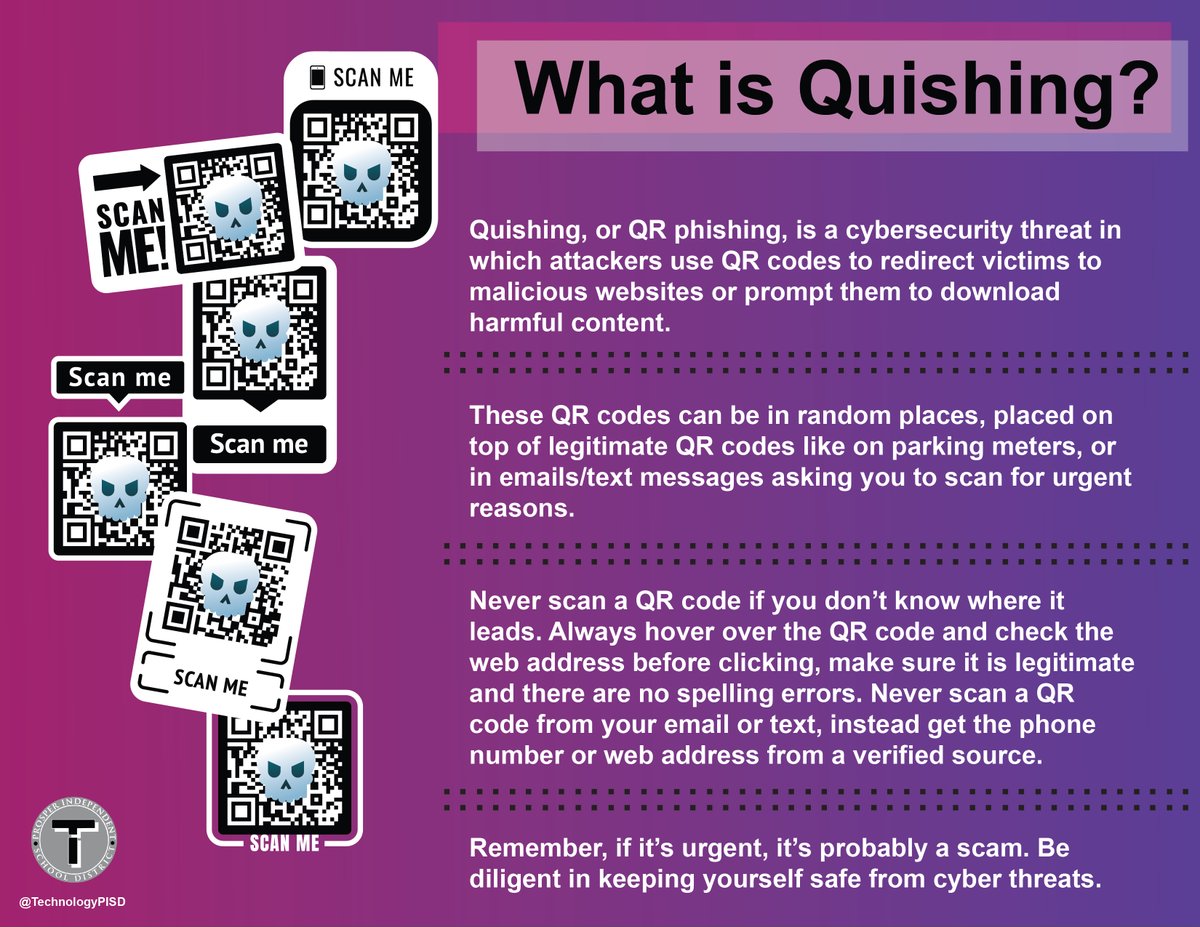 Technology Department at Prosper ISD (@technologypisd) on Twitter photo Have you heard of Quishing? It might sound funny, but this QR code scam has serious consequences! Cybercriminals can steal your sensitive data. Think before you scan! <a href="/ProsperISD/">Prosper ISD</a> #cybersecurityawarenessmonth Have you heard of Quishing? It might sound funny, but this QR code scam has serious consequences! Cybercriminals can steal your sensitive data. Think before you scan! <a href="/ProsperISD/">Prosper ISD</a> #cybersecurityawarenessmonth