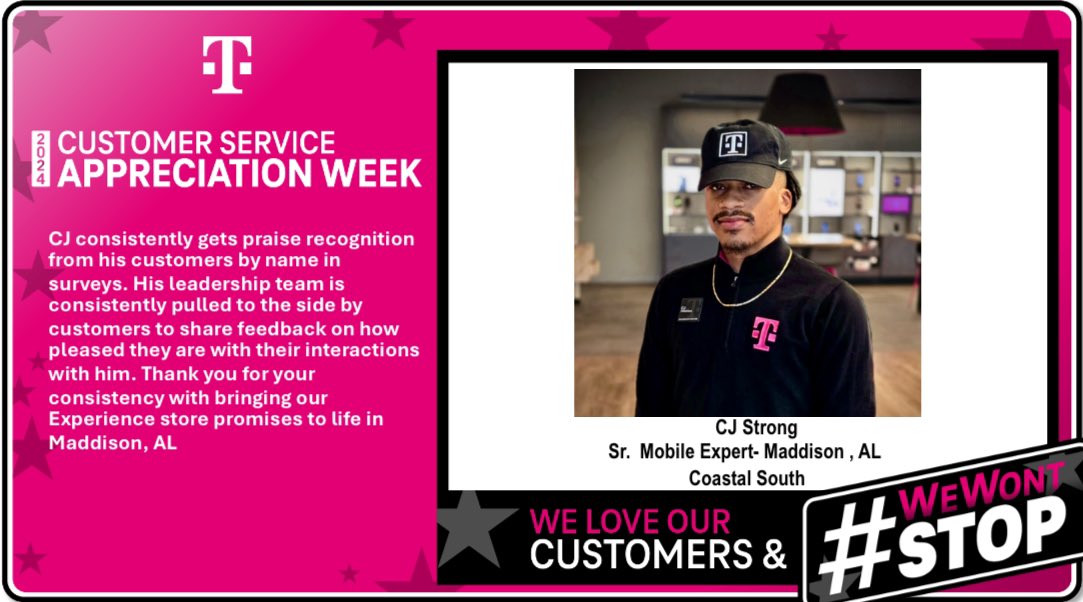 Keep up the amazing work CJ! Thank you for all that you do for our customer in Maddison, AL ! 

#CustomerServiceAppreciationWeek
#SouthCentral
#CoastalSouth