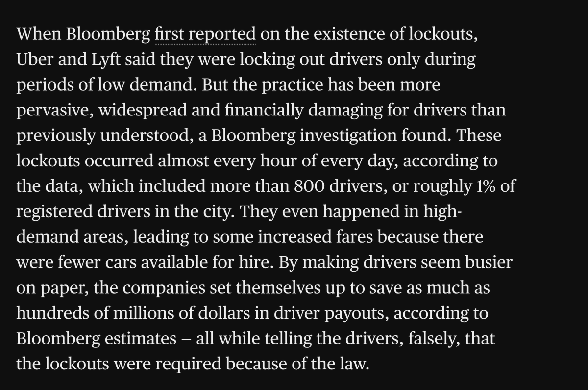 Really incredible finding by Bloomberg show how Uber/Lyft dealt with a minimum wage law in New York: bloomberg.com/graphics/2024-… bloomberg.com/graphics/2024-…