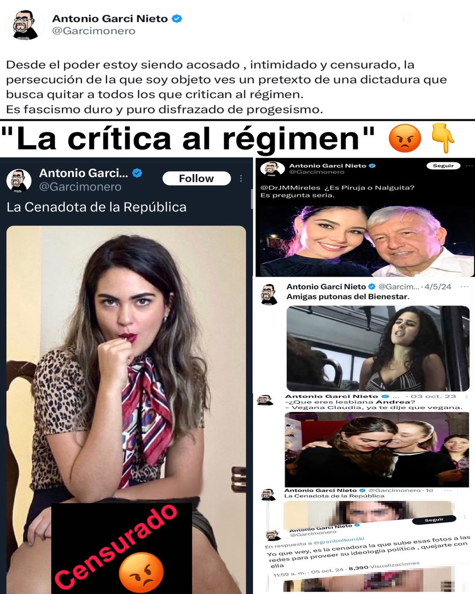 MglMauricio's tweet image. Sr Antonio García Nieto @Garcimonero:
No intente hacerse hacerse la víctima de “una dictadura”.
Usted subió a sus redes contenido erótico falso usando la cara de la Senadora Andrea Chávez Treviño @AndreaChavezTre.
Su ataque no solo es vulgar, misógino y machista, sino que cometió…