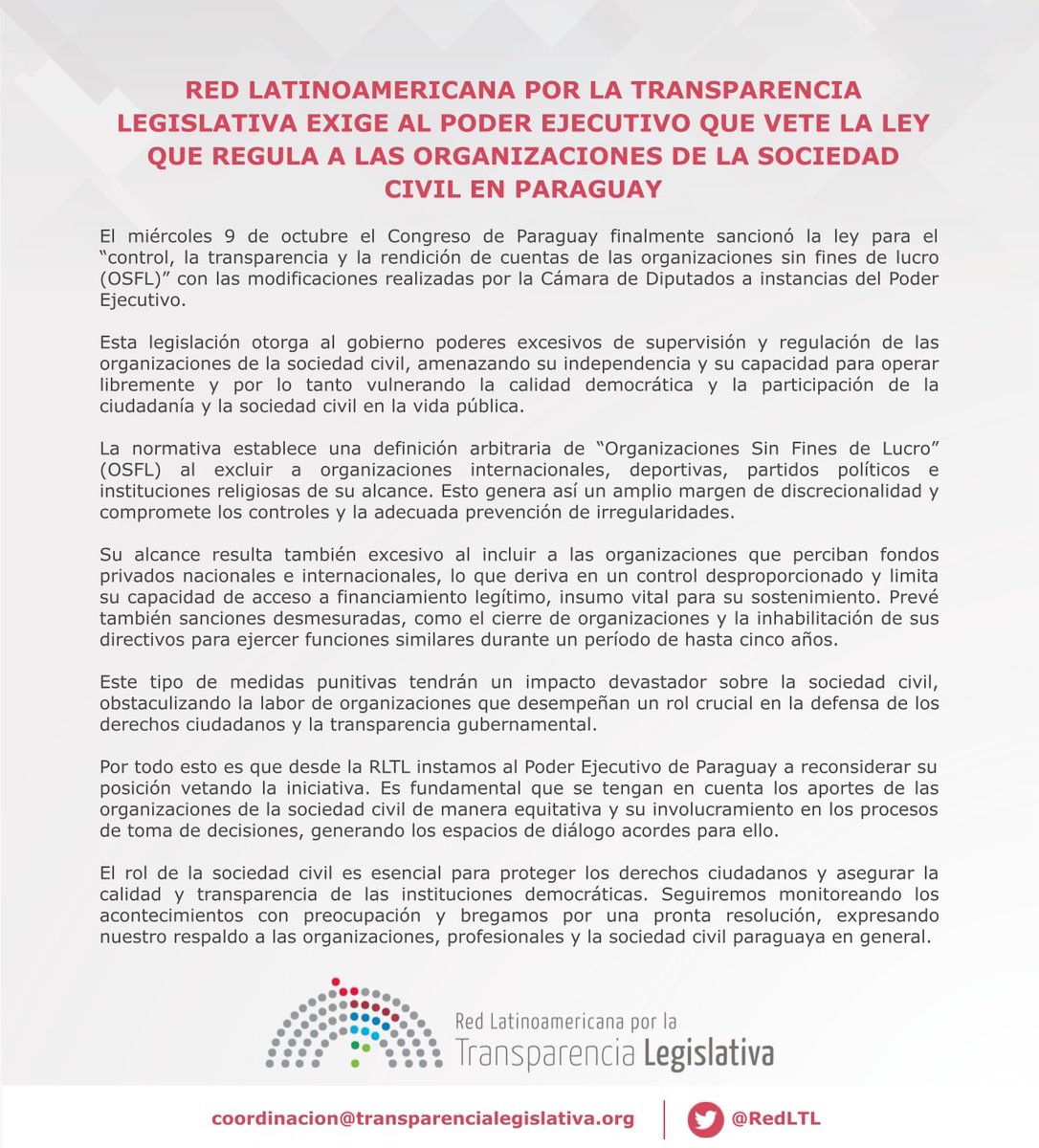 #COMUNICADO | Desde la Red Latinoamericana por la Transparencia Legislativa exigimos al Poder Ejecutivo que vete la ley que regula a las organizaciones de la sociedad civil en Paraguay.