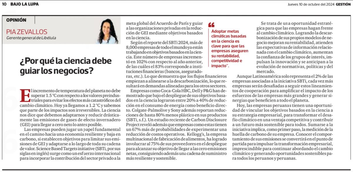 Adoptar metas climáticas basadas en la ciencia es clave para que las empresas aseguren su rentabilidad, competitividad e impacto. 🚀

Conoce más en esta columna a cargo de <a href="/piazevallos/">Pia Zevallos</a>, gerente general de Libélula, publicada en el Diario <a href="/Gestionpe/">Diario Gestión</a>. 📄

👉 bit.ly/sbtinp
