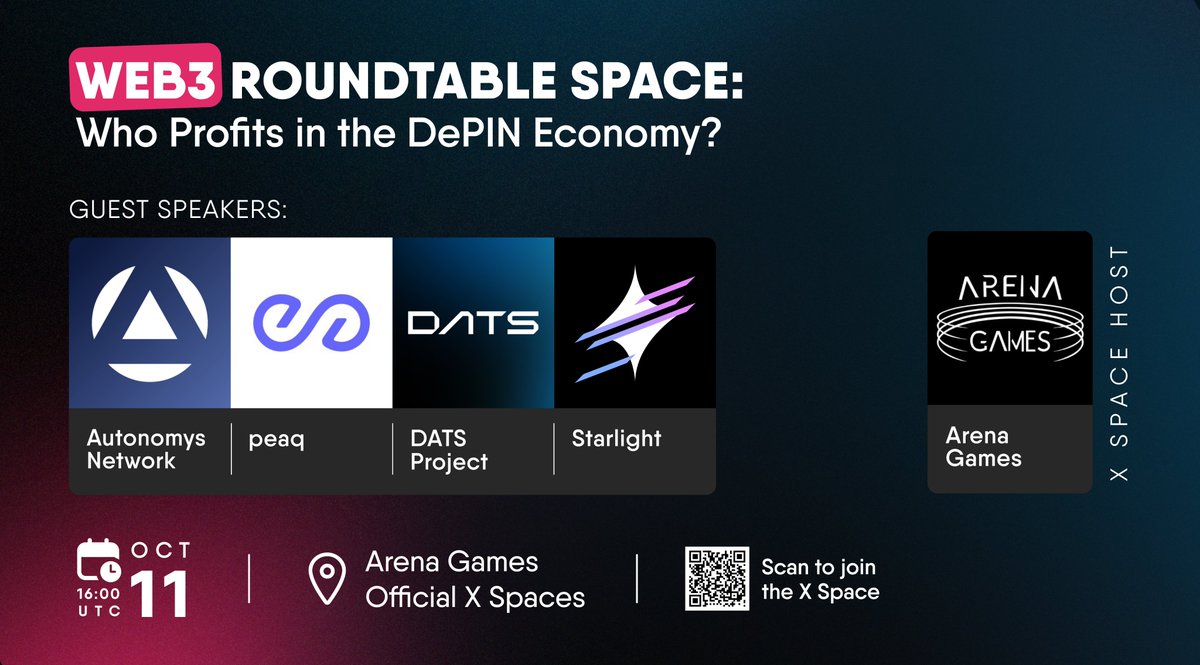 Let's talk DePINs! 🗣

Join us for an exclusive DePIN-themed discussion with leading voices from <a href="/peaqnetwork/">peaq</a>, <a href="/AutonomysNet/">Autonomys | AI3.0</a>, <a href="/DATSProject/">DATS</a>, and <a href="/Starlightpad/">Starlight</a>!

🔔Set your reminder: x.com/i/spaces/1lDxL…

🎙 Who Profits in the DePIN Economy?
🗓 Tomorrow, 4 PM UTC