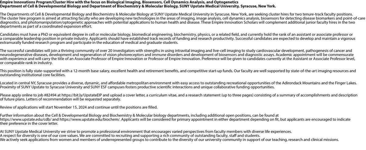 Mira Krendel (@kidneymyosin) on Twitter photo Faculty job opportunity! Two Empire Innovations Scholar positions at the Assoc. Professor level are open in our dept (<a href="/UpstateCDBio/">Upstate Med Cell and Developmental Biology</a>) and Biochem. Mol. Bio. dept <a href="/UpstateNews/">Upstate Medical University</a>. Seeking funded faculty w. interests in microscopy and related areas. Apply at bit.ly/UpstateEIP Faculty job opportunity! Two Empire Innovations Scholar positions at the Assoc. Professor level are open in our dept (<a href="/UpstateCDBio/">Upstate Med Cell and Developmental Biology</a>) and Biochem. Mol. Bio. dept <a href="/UpstateNews/">Upstate Medical University</a>. Seeking funded faculty w. interests in microscopy and related areas. Apply at bit.ly/UpstateEIP