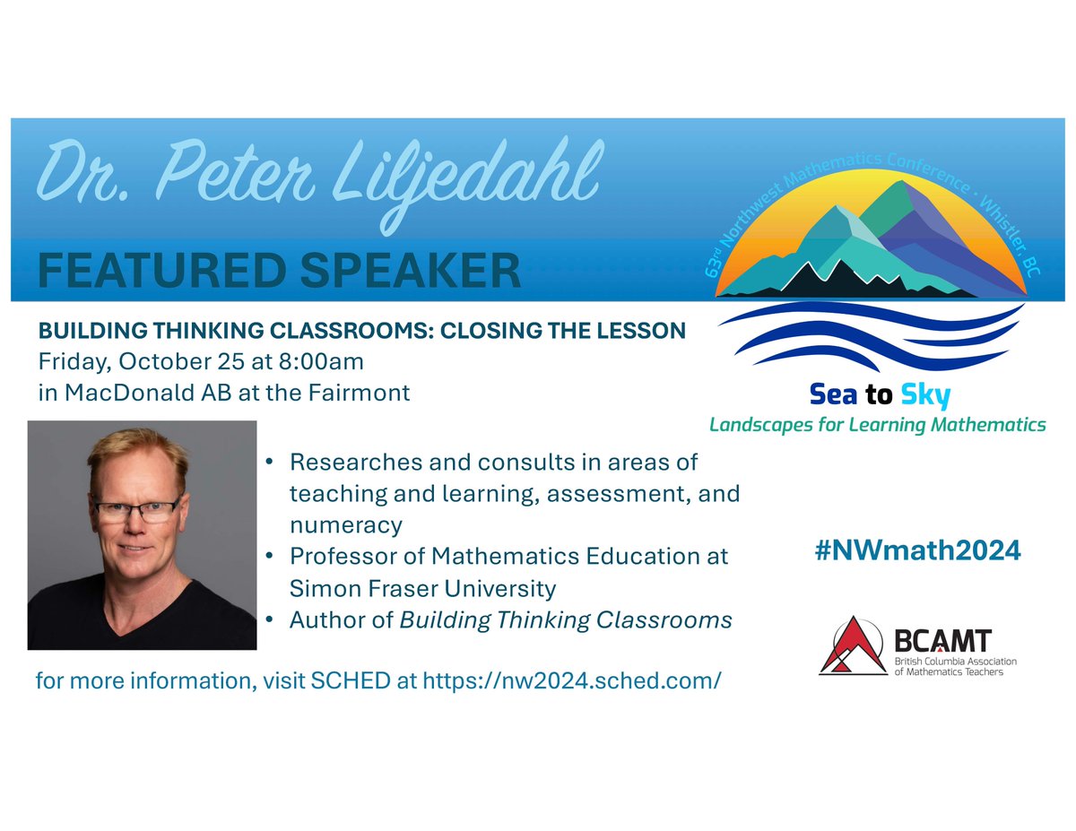 nwmathconf's tweet image. 'Keep thinking!' with Building Thinking Classrooms author @pgliljedahl on Fri., Oct. 25. Show your interest in Dr. Liljedahl's session on nw2024.sched.com #NWmath2024 @BCAMT