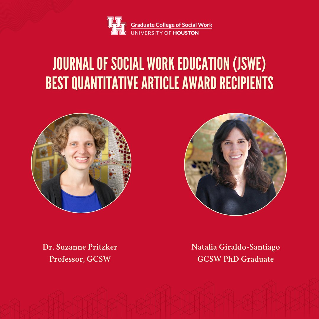 UH_SocialWork's tweet image. Congratulations to Professor Suzanne Pritzker and PhD graduate Natalia Giraldo-Santiago for being awarded the Best Quantitative Article by the #JSWE. They will be awarded later this month at @CSocialWorkEd. Read more: bit.ly/4eVasCL 

#cswe24 #uhsocialwork #uhgcsw