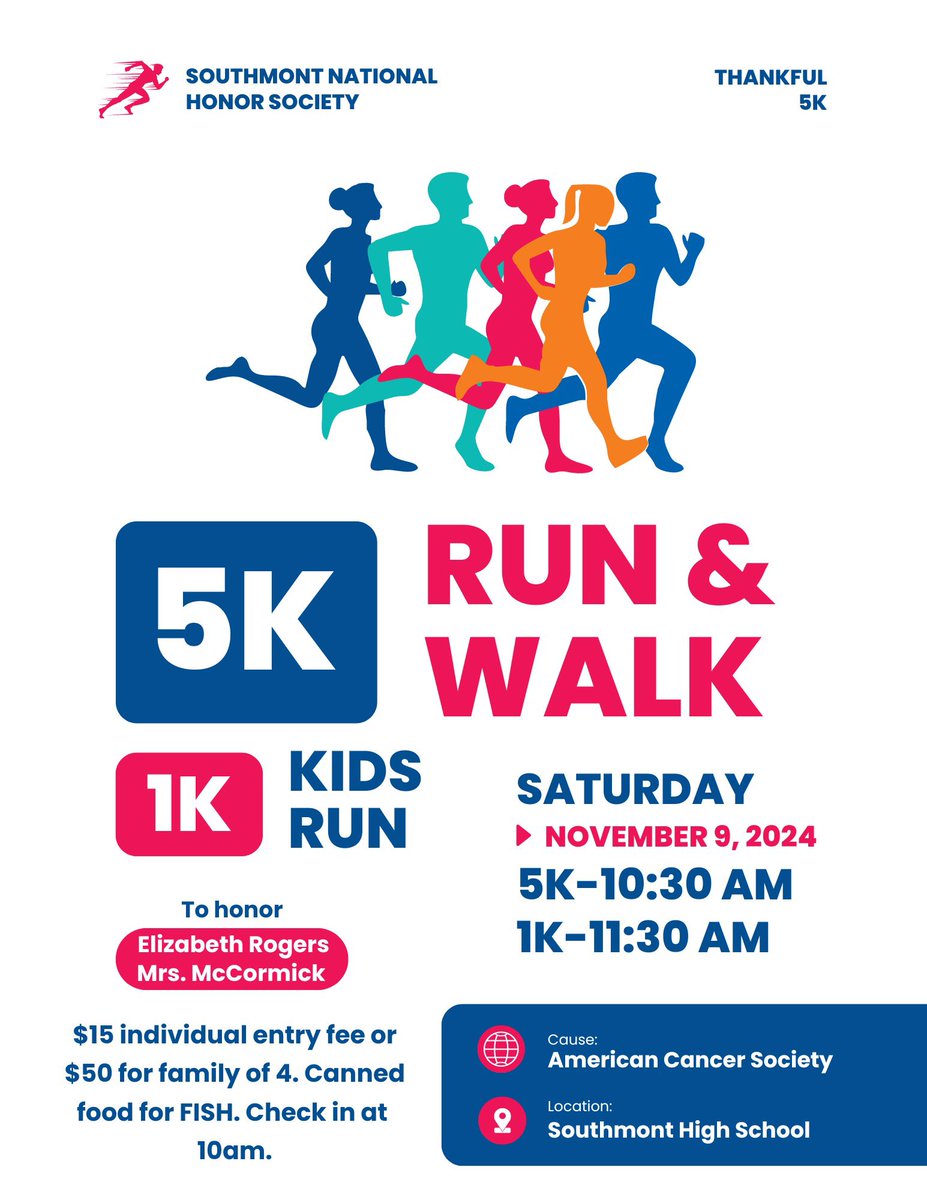 Mark your calendars! 📆 <a href="/SouthmontSrHigh/">Southmont Sr. High</a> National Honor Society is hosting the Thankful 5K on Saturday, Nov.9 to benefit the <a href="/AmericanCancer/">American Cancer Society</a>. Canned food collected at the event will be donated to FISH Food Pantry. Let's get moving for a good cause, Mounties! #ProudToBeAMountie