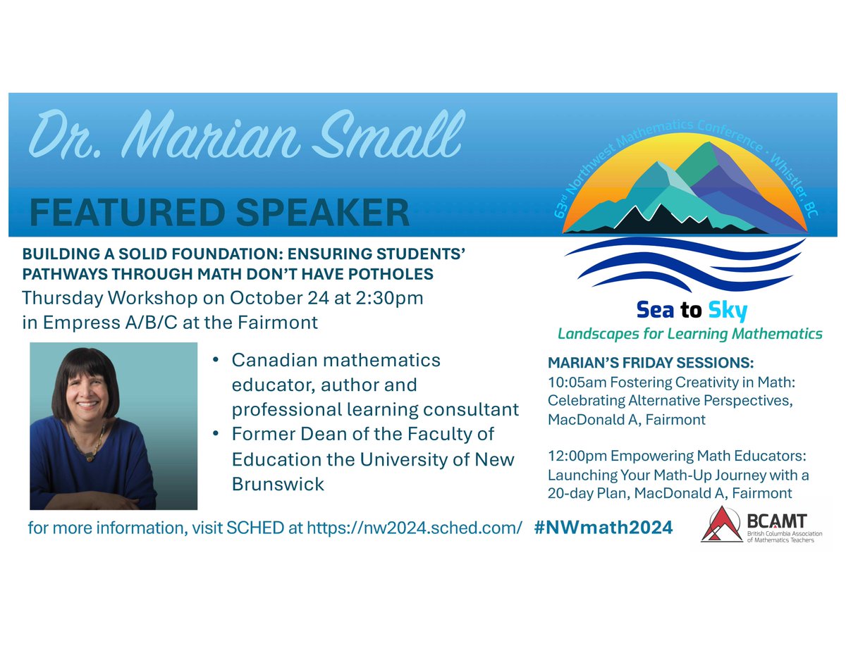 nwmathconf's tweet image. SPEAKER SPOTLIGHT: Dr. Marian Small is hosting three sessions at #NWmath2024 Go to nw2024.sched.com to plan your day to make sure you don't miss Dr. Small! @BCAMT