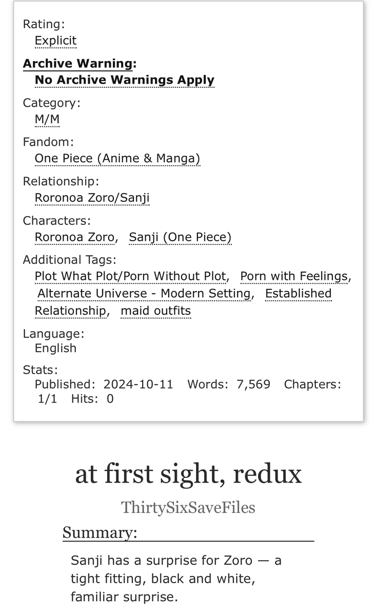 36SaveFiles's tweet image. at first sight, redux | 7.5k | E | One Piece

Sanji has a surprise for Zoro — a tight fitting, black and white, familiar surprise.

archiveofourown.org/works/59646589