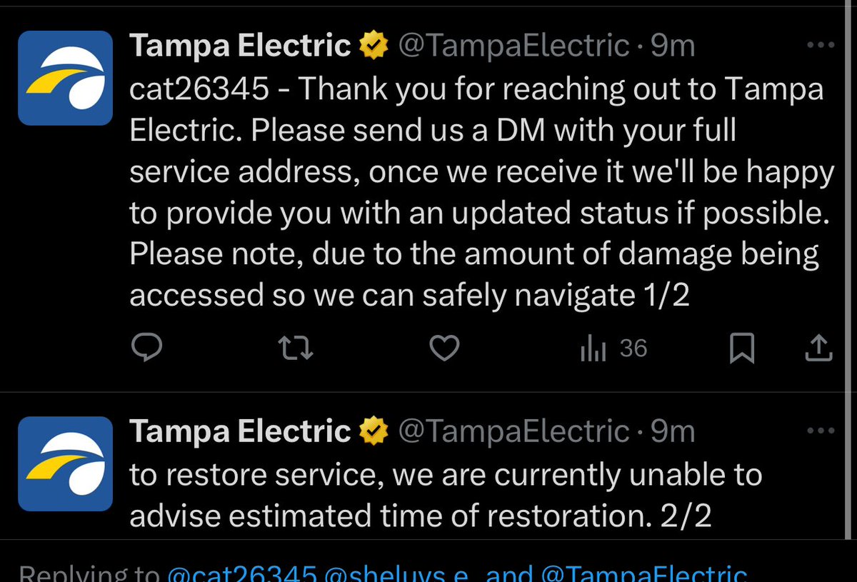 cat26345's tweet photo. @TampaElectric You literally can’t even keep it straight in your response. Are you happy to provide me with an update or are you currently unable to provide time of restoration? https://t.co/1upy7kOOTk