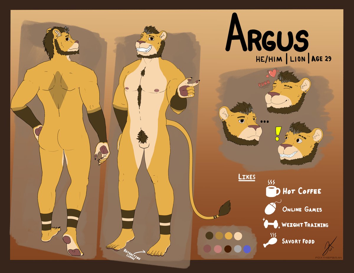 This is probably my biggest art project yet. I was very nearly a Lion sona before I picked Fox, but I finally felt I had the skills to bring him to life - So I am very happy to share my second Fursona - Argus!

I'm really proud of how far my art has come.🦁💛