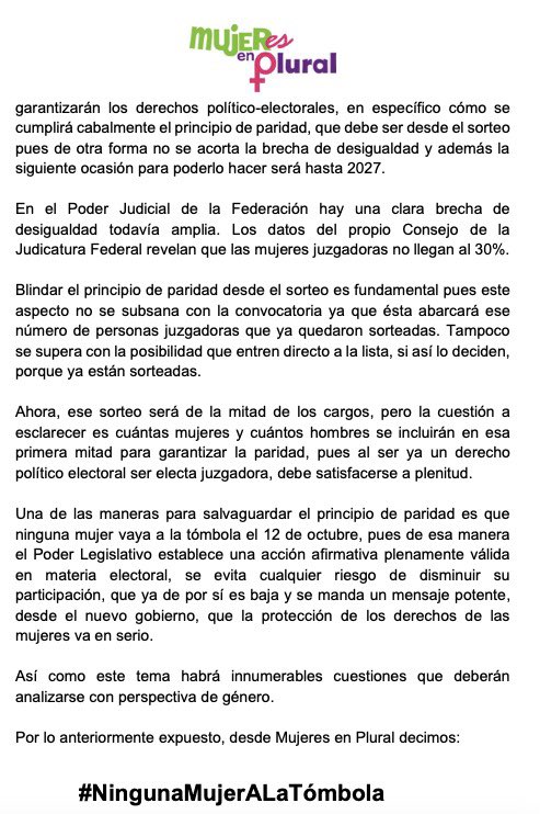 Desde la <a href="/MujerEsPlural/">Mujeres en Plural</a> hacemos un llamado a las senadoras y los senadores <a href="/senadomexicano/">Senado de México</a>:
Para cumplir con la paridad #NingunaMujerALaTómbola