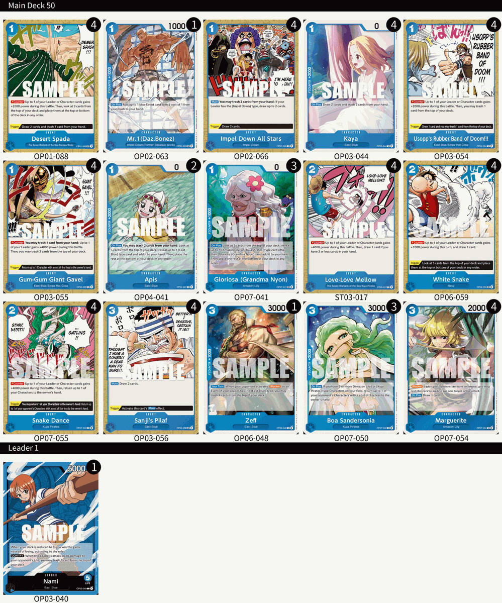 ONEPIECE_tcg_EN's tweet photo. [Deck List]
Hey One Piece Pirates!
Thank you to everyone who joined Victory Road’s Offline Regional on Oct. 5th!
Here’s the deck lists the top 2 players used! Congratulations again!
We hope everyone has fun as they keep polishing up their own crew!
#ONEPIECE
#onepiececardgame https://t.co/ODYBhtBXuN