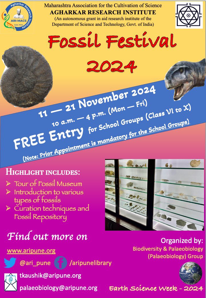 Tushar Kaushik (@itusharkaushik) on Twitter photo #Pune #School #Students are invited to #explore #understand #paleo world of #fossils from #India. Please JOIN US TO CELEBRATE the #Fascinating #FOSSIL #Festival #Exhibition 11 - 21 November 2024 from 10 am – 4 pm <a href="/ari_pune/">Agharkar Research Institute</a>. <a href="/ThePuneMirror/">Pune Mirror</a> <a href="/PuneTimesOnline/">Pune Times</a> <a href="/IndiaDST/">DSTIndia</a> <a href="/karandi65/">Abhay Karandikar</a> #Pune #School #Students are invited to #explore #understand #paleo world of #fossils from #India. Please JOIN US TO CELEBRATE the #Fascinating #FOSSIL #Festival #Exhibition 11 - 21 November 2024 from 10 am – 4 pm <a href="/ari_pune/">Agharkar Research Institute</a>. <a href="/ThePuneMirror/">Pune Mirror</a> <a href="/PuneTimesOnline/">Pune Times</a> <a href="/IndiaDST/">DSTIndia</a> <a href="/karandi65/">Abhay Karandikar</a>