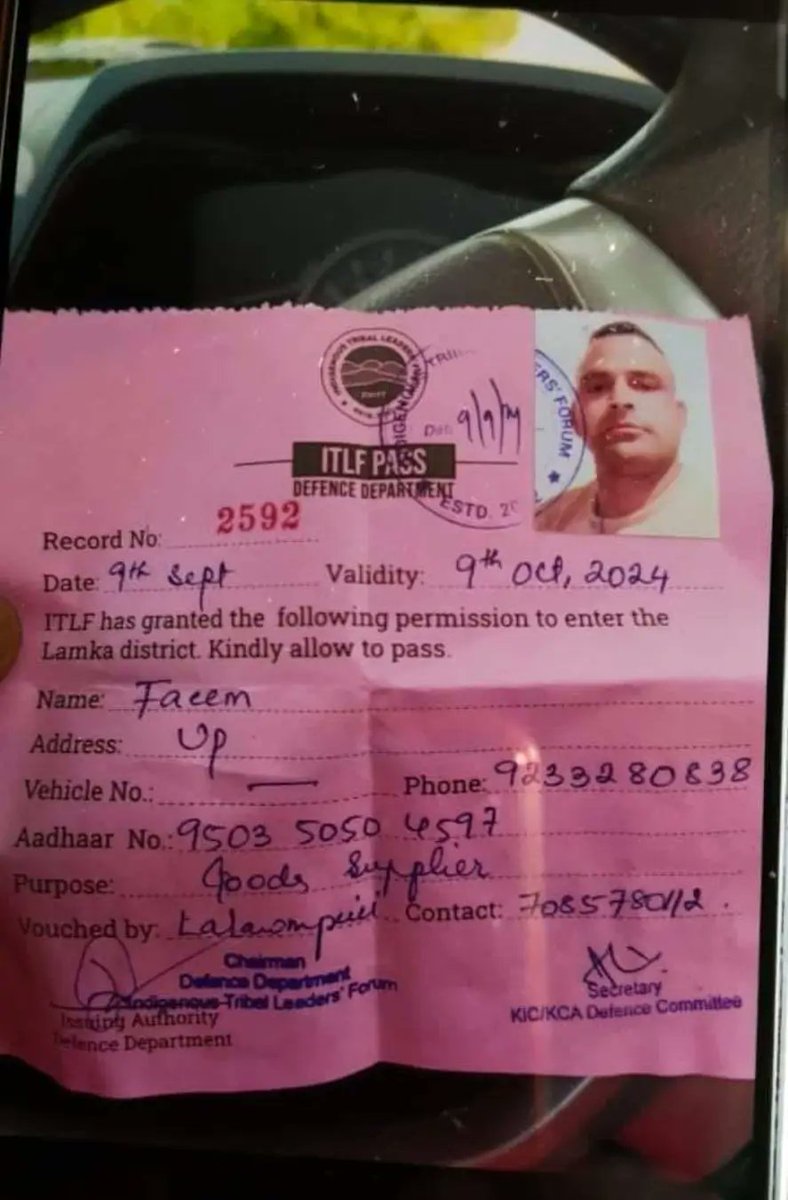 #ITLF issuing #EntryPass

The <a href="/ITLFMedia_Cell/">ITLFMediaCell (A)</a> #Defence Dept, an illegal #ChinKuki org is collecting huge amount by issueing invalid #EntryPass to #Indians entering #Churachandpur #Manipur

All these happened under the watch of <a href="/official_dgar/">The Assam Rifles</a> &amp; <a href="/adgpi/">ADG PI - INDIAN ARMY</a>

<a href="/AmitShah/">Amit Shah</a> <a href="/NBirenSingh/">N. Biren Singh</a> <a href="/ANI/">ANI</a>