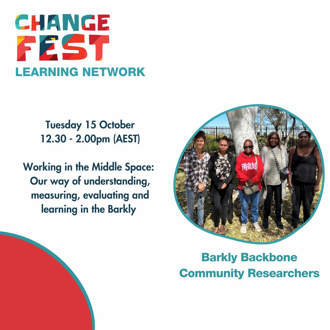 A few days to go! Our next Learning Network event with the Barkly Backbone Community Researchers. 

👉 Register here -changefest.com.au/changefest-lea…

Please note: as we value the live experience, the session will not be recorded, so we really hope to see you there.